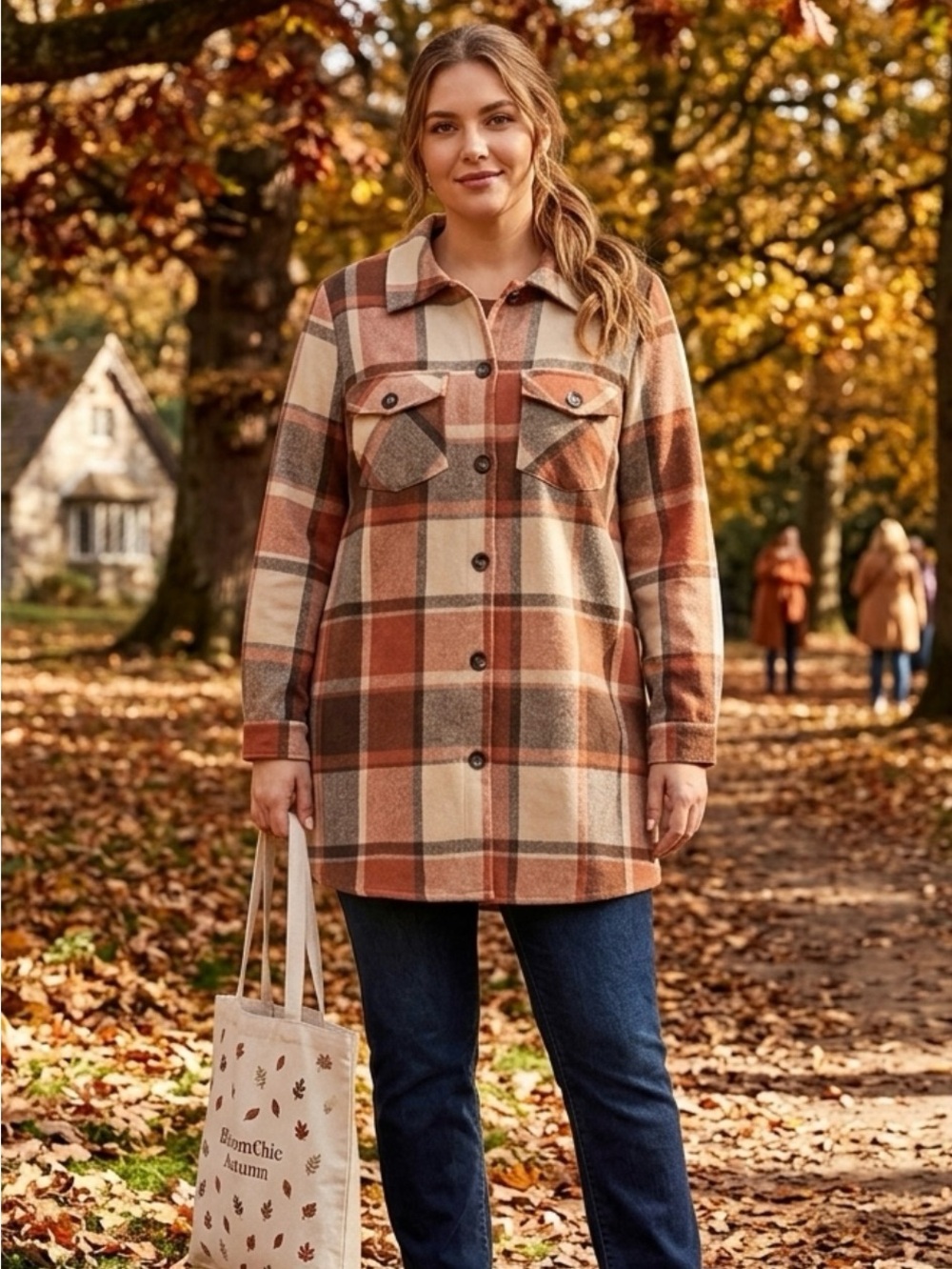 BloomChic Rust, Cream & Brown Plaid Button-Front Shirt Jacket
